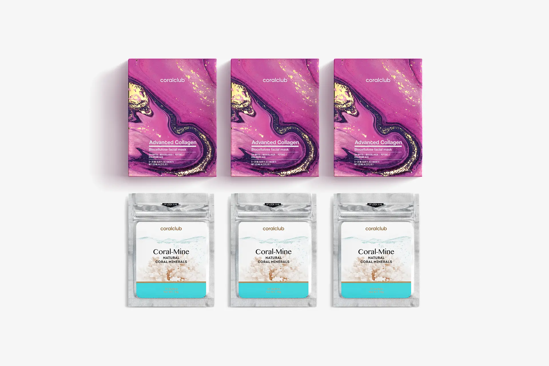 Advanced Collagen biocelulózová pleťová maska, V balení 5 sáčků po 25 ml + Coral-Mine Koral-Mine, 3×10 sáčků
